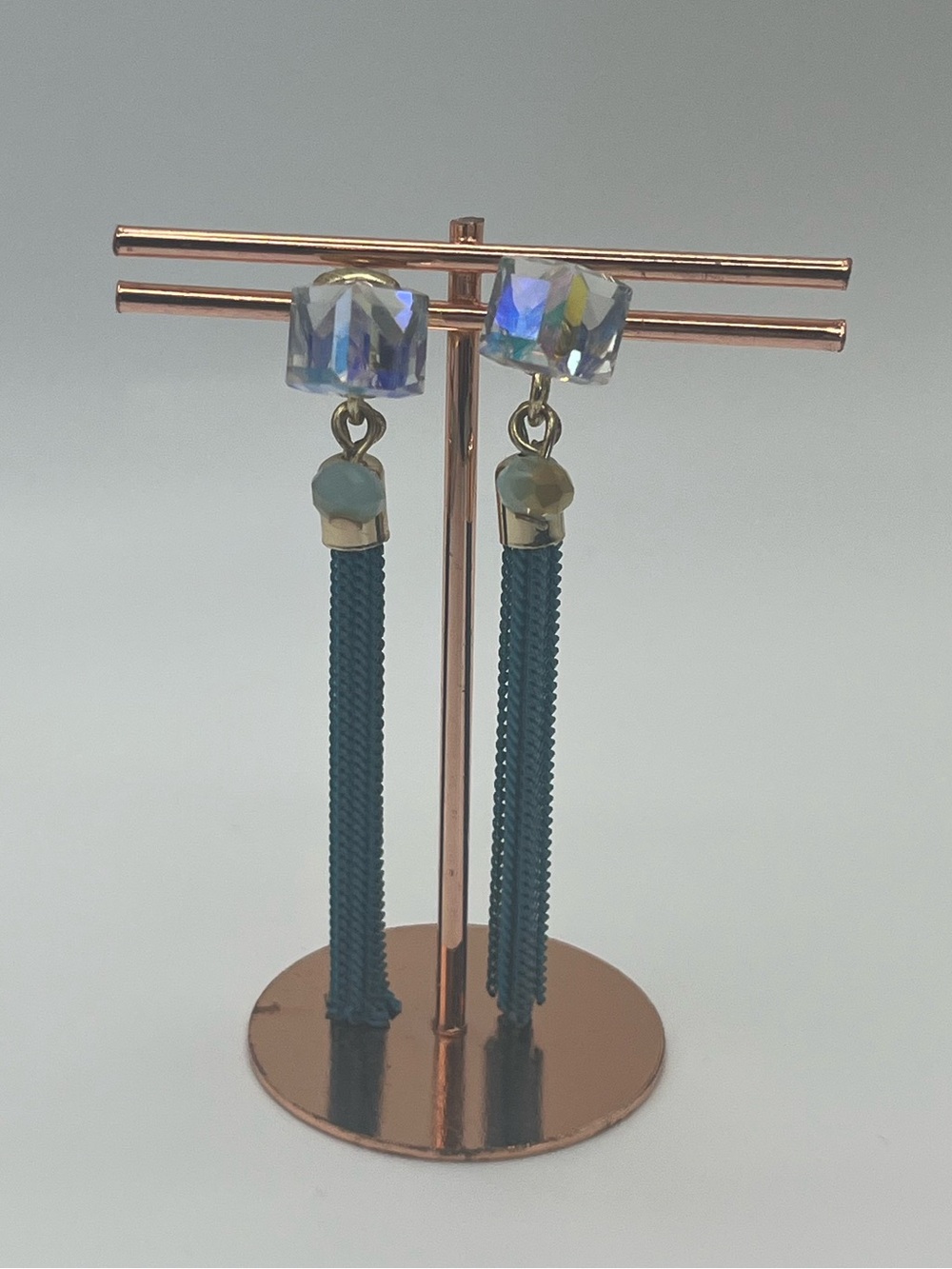 Iridescent Cube Pierced Earrings with Long Teal Chain Fringe